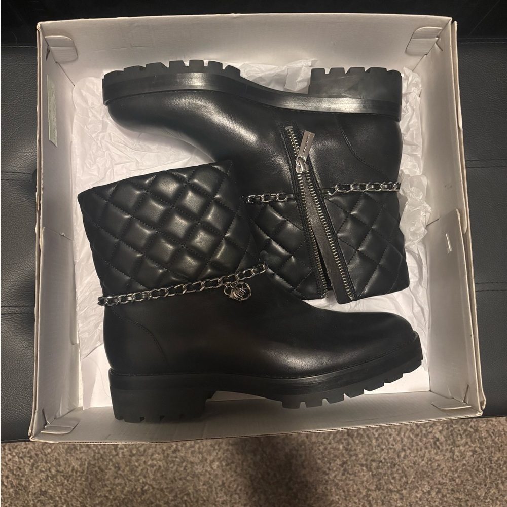 Michael Kors Black Quilted Moto Boots with Chain Accent